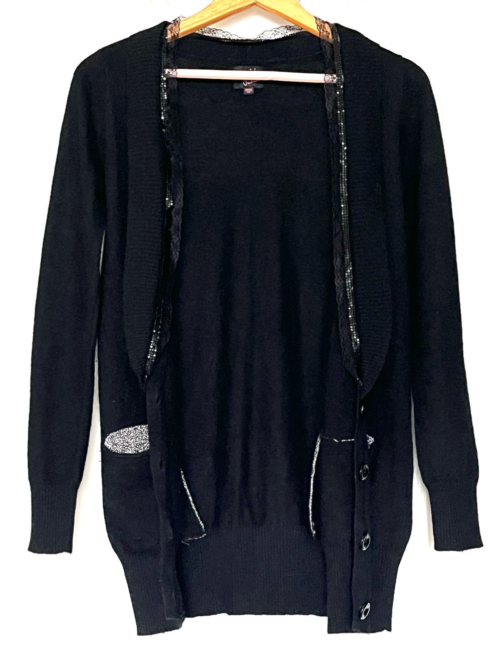 KATIE JUDITH Black Angora Blend V-Neck Cardigan Sequin Pocket Sweater EU 36